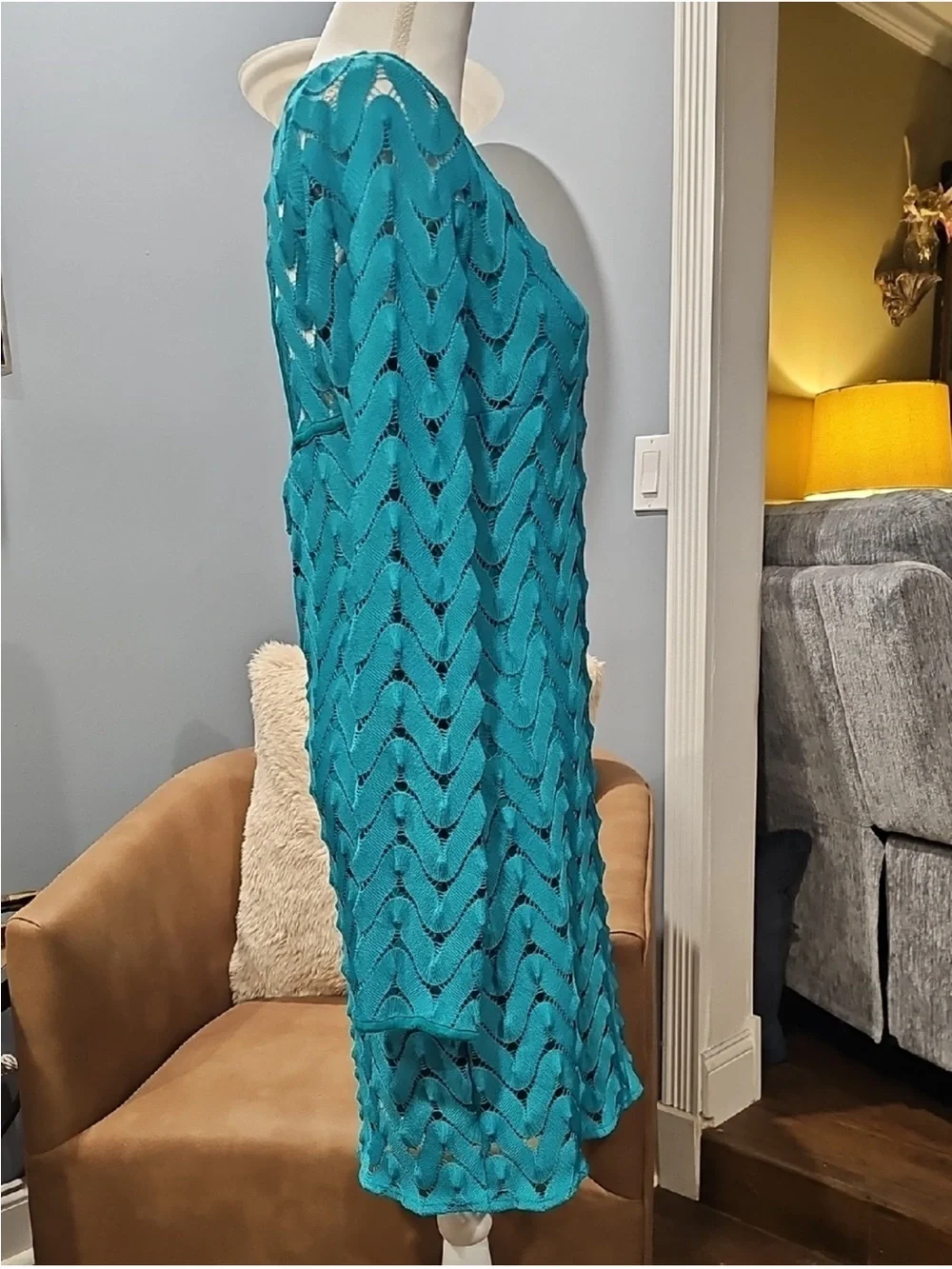 Free People Teal Open-Back Long Sleeve Lace Knit Dress